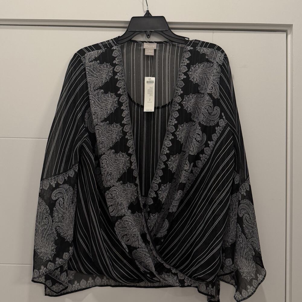 New Chico's Black Batik Stripe Paisley Surplice Faux Wrap Blouse Top Size 2 L
